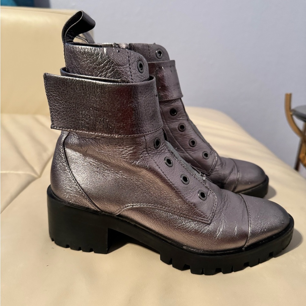 Karl Lagerfeld Combat Boots Silver Metallic Prim Faux Leather